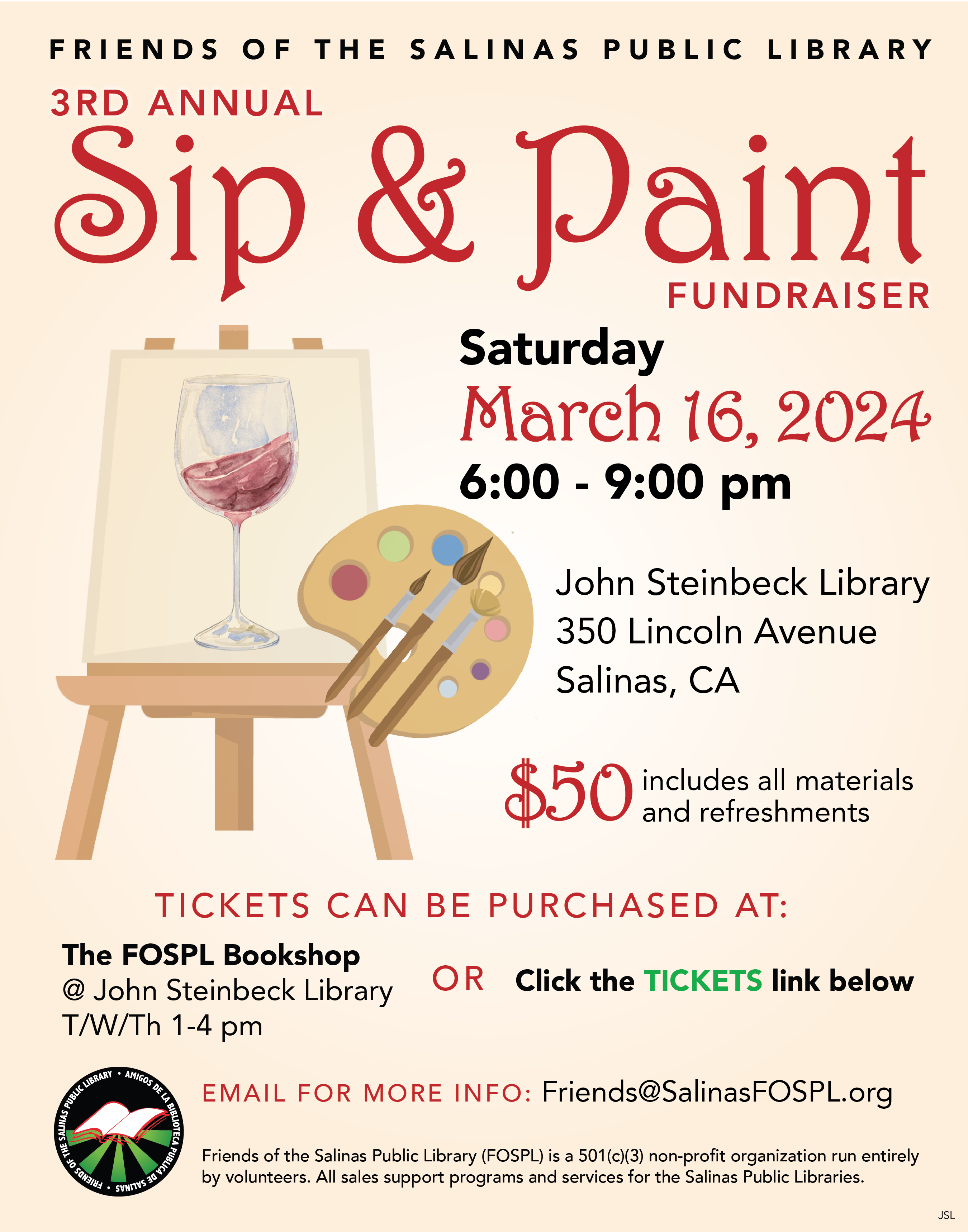 Join FOSPL for Sip & Paint Fundraiser! | Salinas Public Library