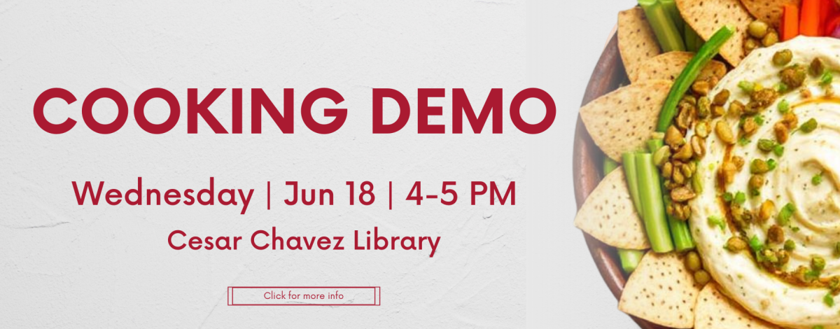 A promotion for a cooking demonstration at Cesar Chavez Library on June 18th, making Yucatán Pepitas Dip with the Blue Zones Project..