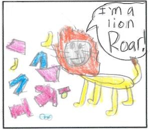 A cat is dressed in a lion costume. It stands in a room with clothes littering the floor, and the cat says "I'm a lion! Roar!"