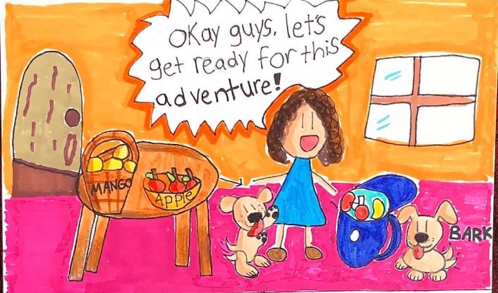 In the image, a young woman is packing her backpack full of fruit and says to her two dogs: "Okay guys, let's get ready for this adventure!"